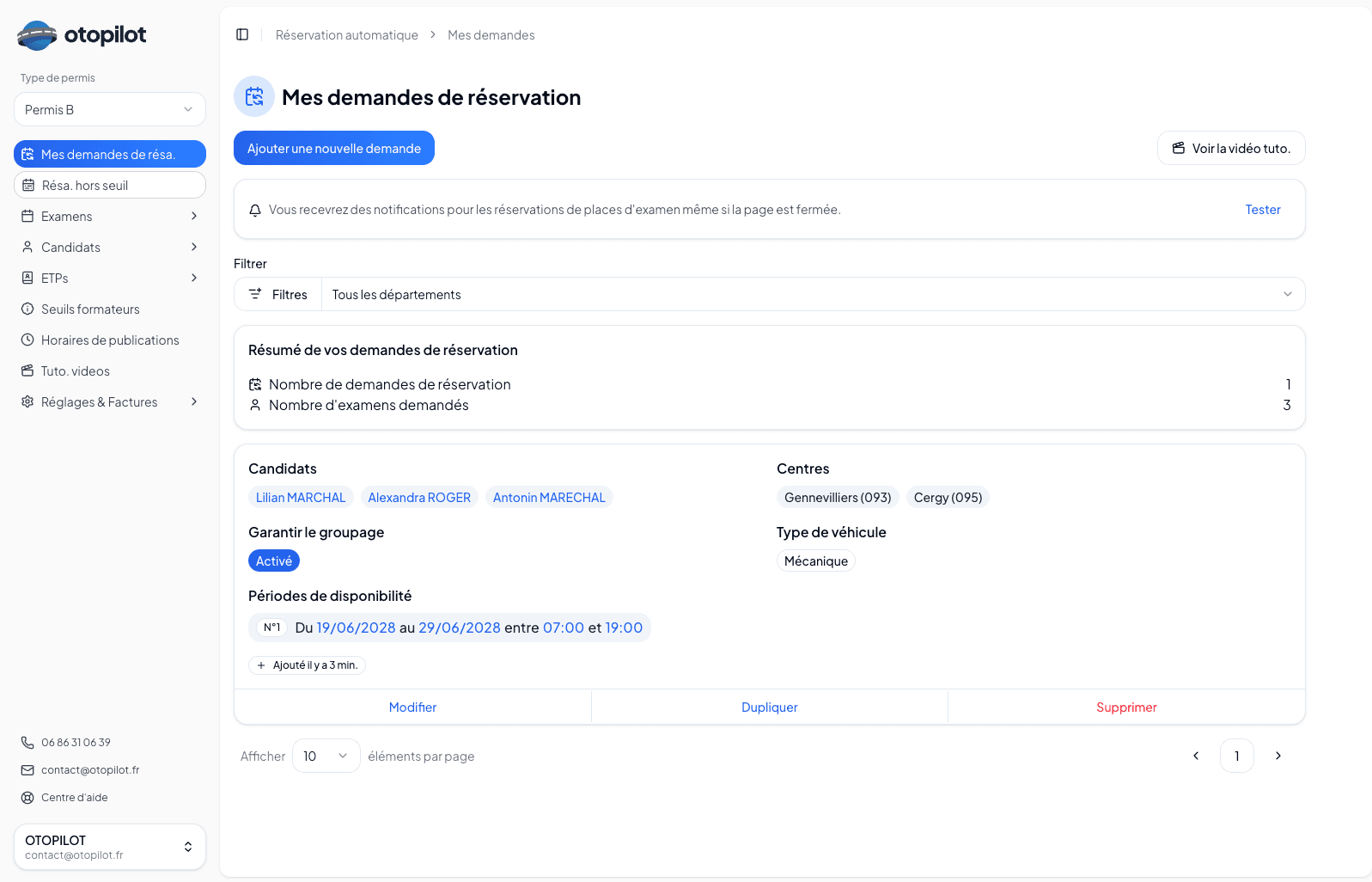Interface Otopilot pour la réservation de places d'examens